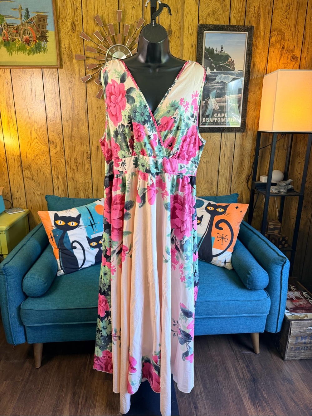 SHEIN Curve 2XL Pink & Green Floral Maxi Dress